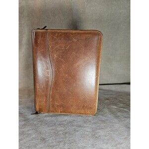 Day Timer Planner Brown Genuine Leather Organizer Binder Zip 7 Rings 10.5" X 8"
